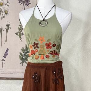 Embroidered Mushroom Flower Tie Halter Top Retro Hippie Fairy Grunge Forest XS